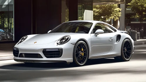 Sunlit white sports coupe paused in a quiet city street.