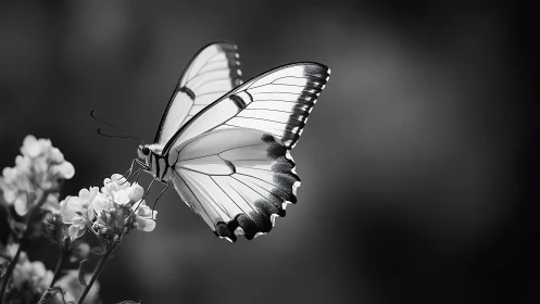 Monochrome close view of butterfly on flowering plant.