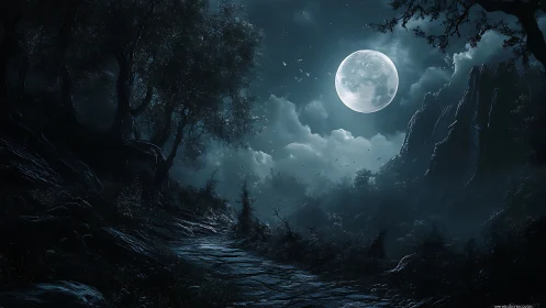 Digital moonlit forest path in high-contrast nocturne rendering.