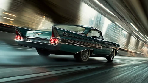 Midnight city cruise with a gleaming retro classic coupe.