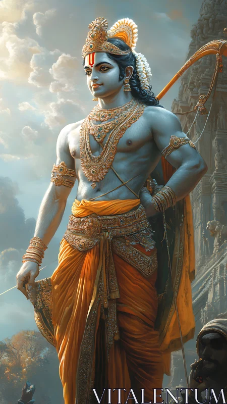 Mythological archer figure in ornate attire outdoors.