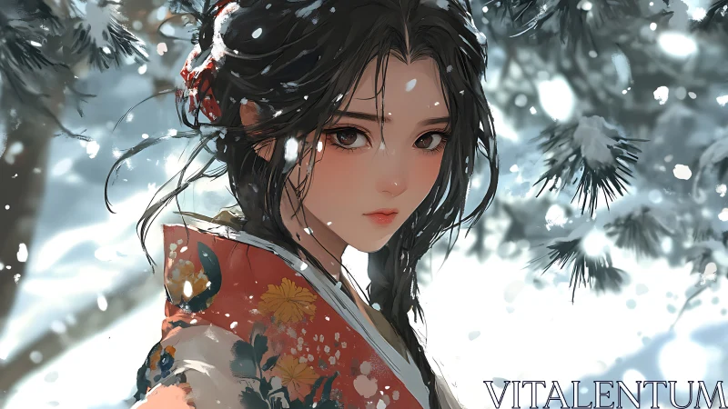 Snowy winter portrait of kimono-clad girl outdoors.