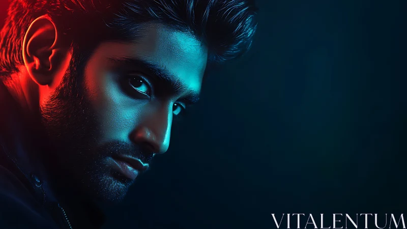 Male profile portrait is rendered with dual color side lighting