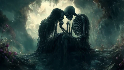 Surreal skeletal lovers entwined in moss within twilight grotto.