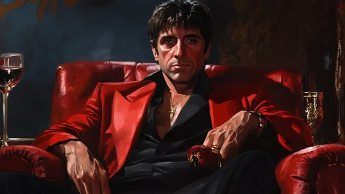 Crimson throne of power with brooding cigar kingpin gaze.