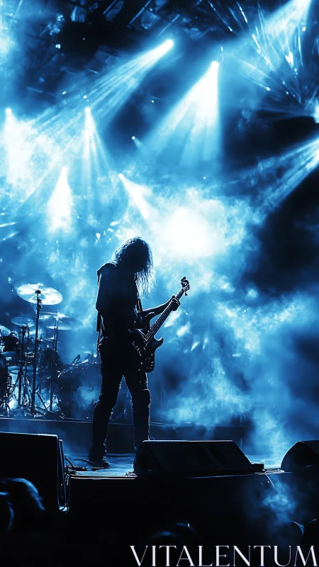 Silhouetted bassist commands stage under electric blue lights.