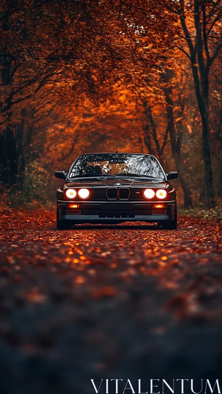 Classic black car glows under fiery autumn forest canopy.