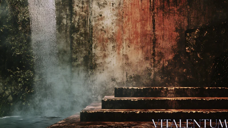Decayed stone steps beside misted waterfall and rust wall.
