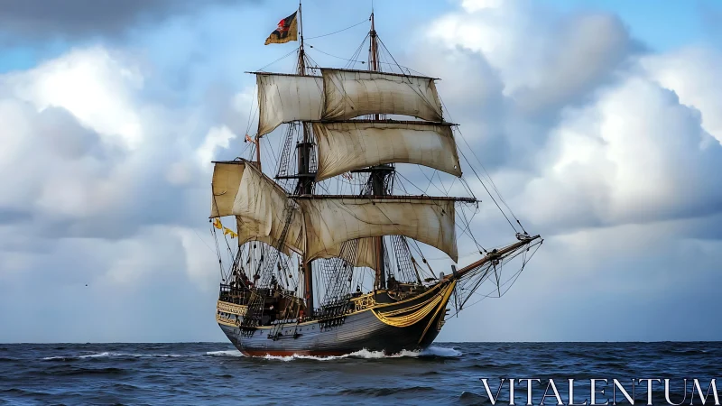 Stormbound tall ship rides the steel-blue ocean horizon.