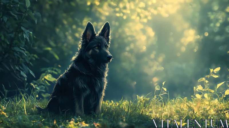 Shepherd dog watches forest clearing in golden backlight.