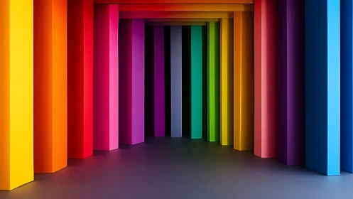 Rectilinear corridor uses vertical rainbow panels in sequence