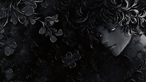Monochrome profile portrait merges with dark floral ground