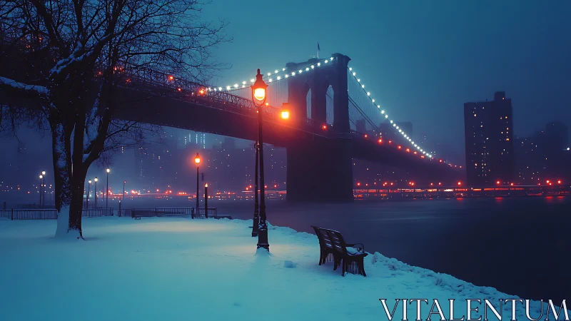 Snowy waterfront under illuminated suspension bridge at dusk.