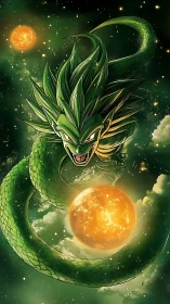 Cosmic green dragon spiraling around glowing golden worlds.