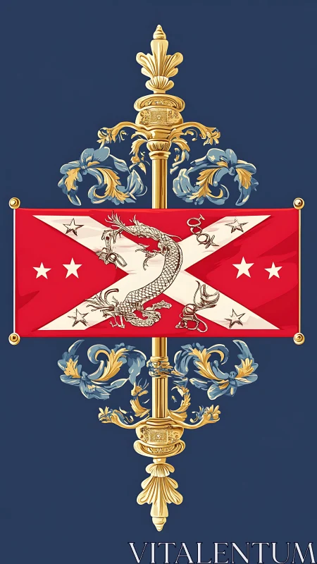 Regal dragon banner with ornate gold finial on navy field.