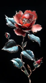 Photorealistic metallic rose sculpture with enameled petals.