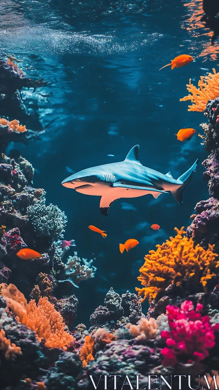 Graceful reef shark gliding through a glowing coral city.
