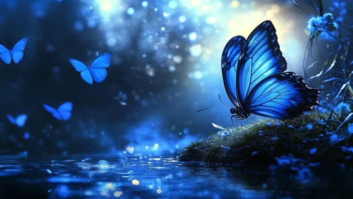 Blue butterfly resting by a dreamy moonlit forest pond.