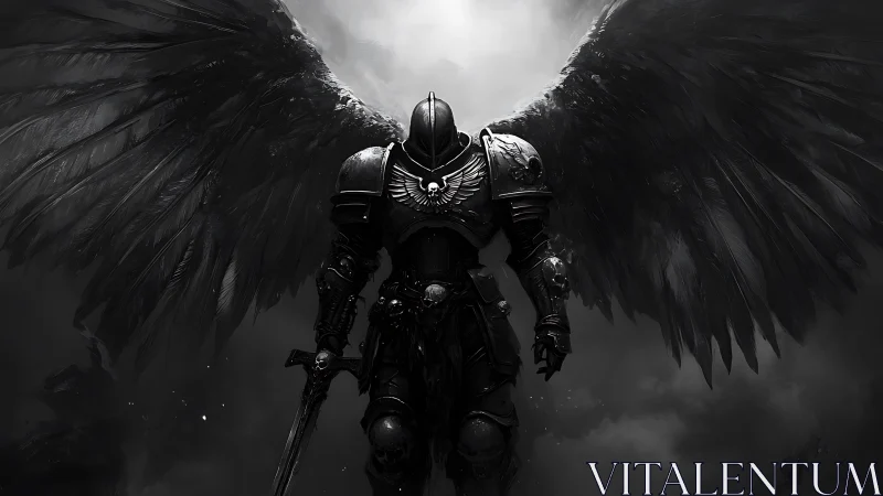 Dark winged knight descends through stormlit monochrome sky