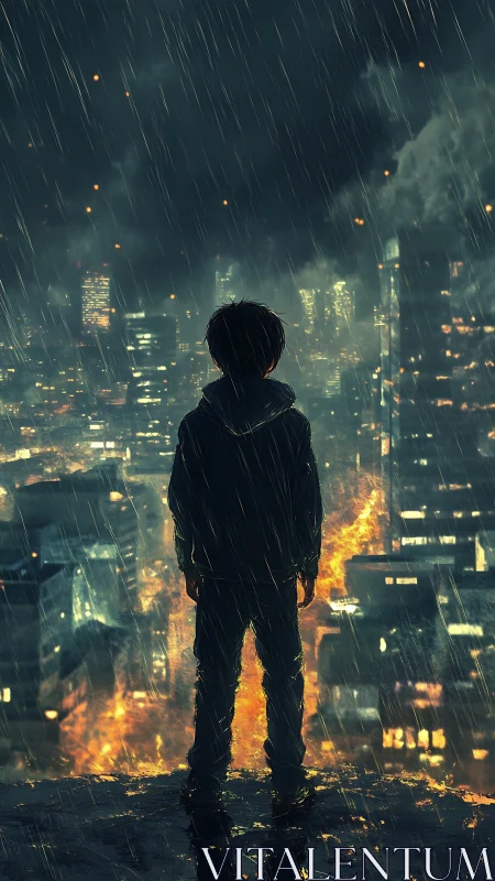 Solitary child watches a burning city drown in cold rain