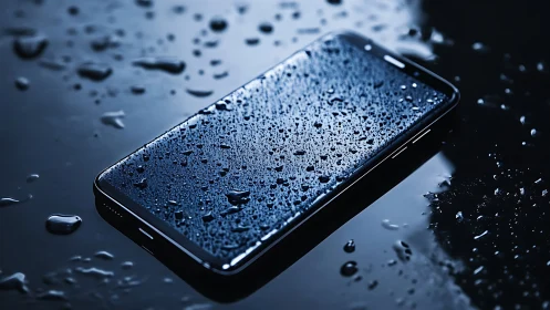 Rain-soaked smartphone dreaming in midnight blue puddles.