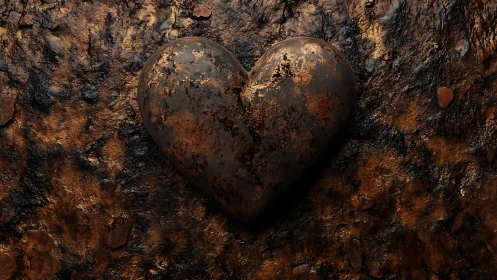 Rusted iron heart sculpture embedded in oxidized metal surface.