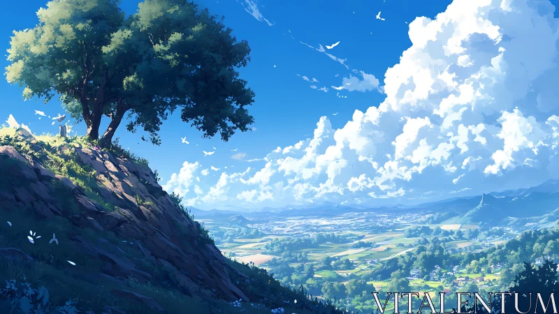 Tree crowns hilltop above expansive sunlit rural valley