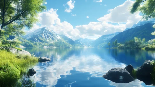 Mountain lake reflects snowy peaks and surrounding green hills