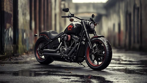 Custom black cruiser motorcycle in wet urban alleyway.
