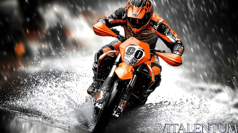 High-speed orange racing motorcycle carving wet asphalt corner
