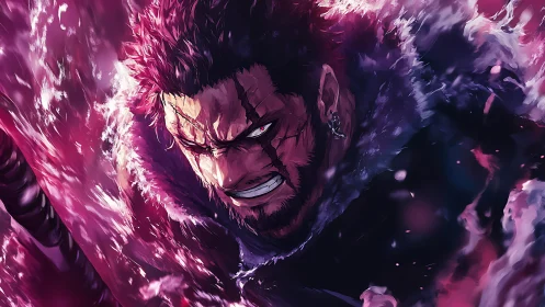 Scarred warrior erupts in crimson storm of blazing fury.