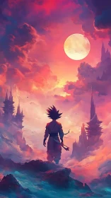Silhouetted warrior studies a luminous moon over surreal spires