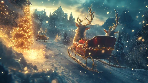 Reindeer sleigh descends glowing snowy path toward distant village