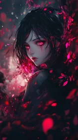 Crimson-eyed spectral girl in turbulent luminous petals.