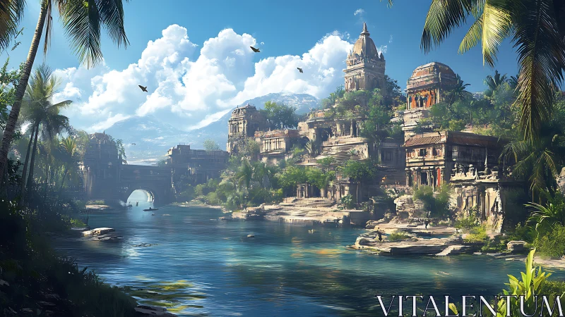 Riverine jungle citadel with stratified stone architecture.