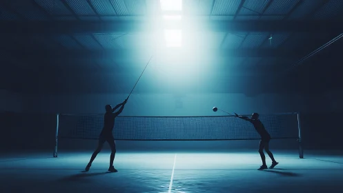 Silhouetted badminton players compete under dramatic indoor light.