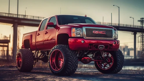 Lifted red GMC truck dominates industrial sunset landscape