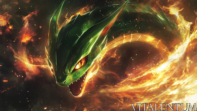 Emerald serpent dragon erupting through swirling solar fire.