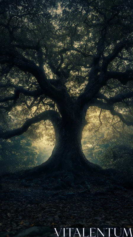 Ancient oak silhouette emerges from misty backlit forest scene