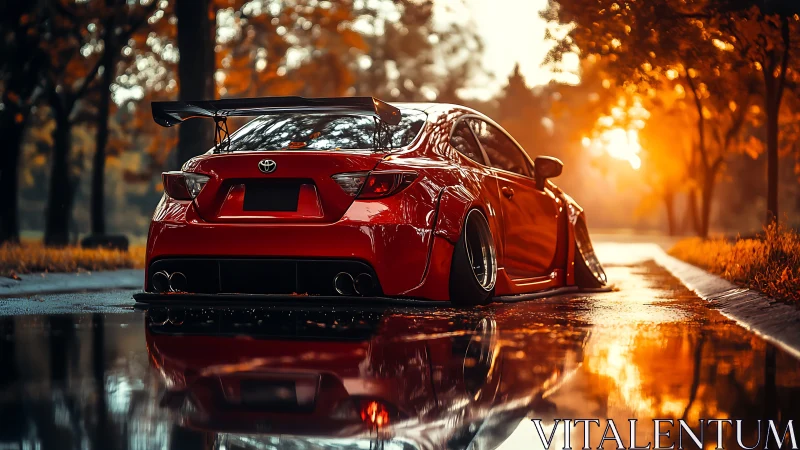Sunset-soaked stance car glows over autumn street reflections.