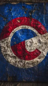 Weathered circular red white blue logo painted on wood