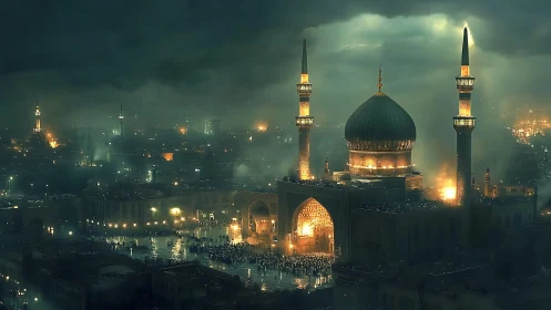 Nighttime cityscape shows illuminated mosque complex under clouds