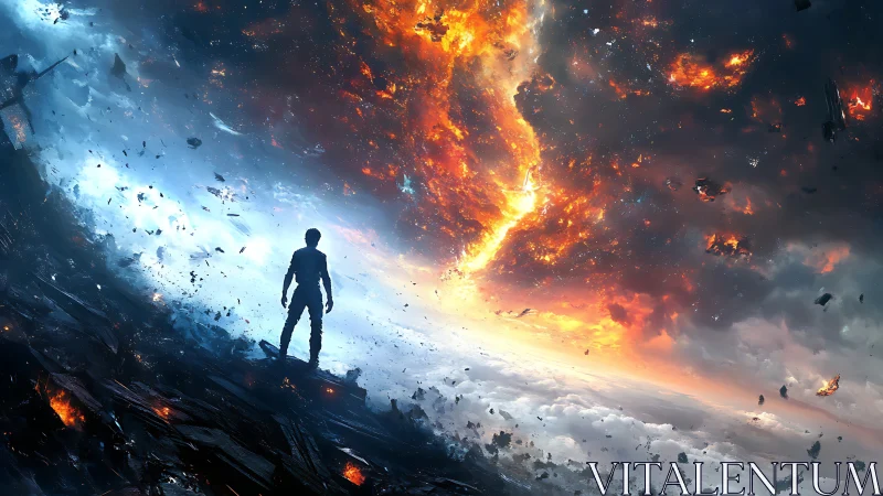 Lone horizon walker facing a burning rift in the sky.