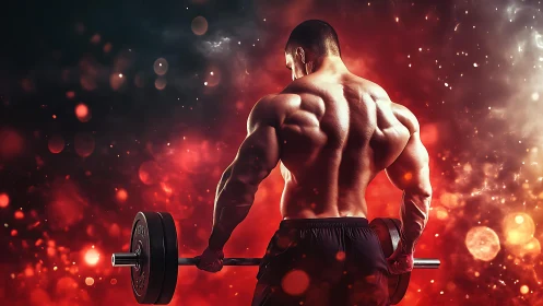 Muscular athlete lifting barbell amid fiery bokeh haze.