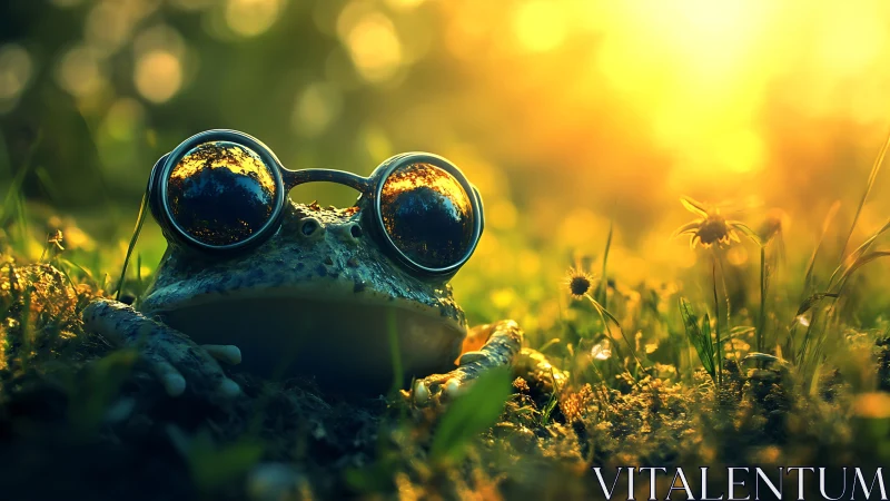 Frog wearing reflective goggles in golden hour meadow light.