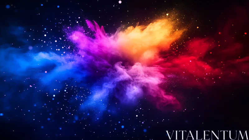 Cosmic cloud of neon color explodes across deep space backdrop.