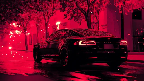 Electric sedan on city street under red stylized lighting.