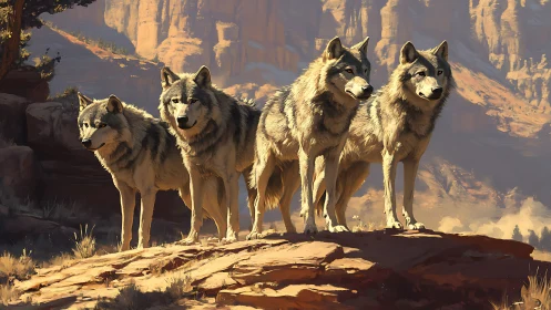 Quadruped wolf cohort on stratified sandstone overlook at dusk.