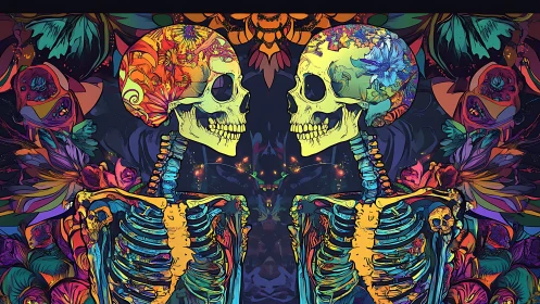 Vibrant twin skeletons share a psychedelic floral afterlife