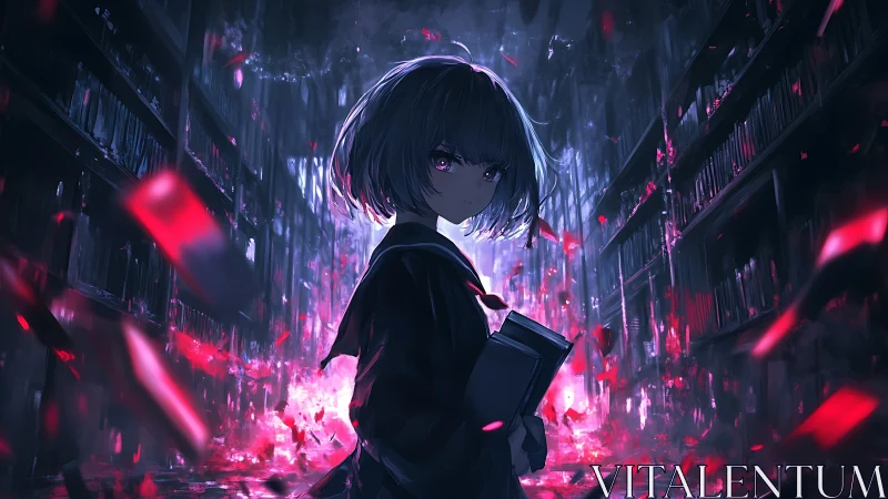 Arcane data librarian amid incandescent spectral archives.